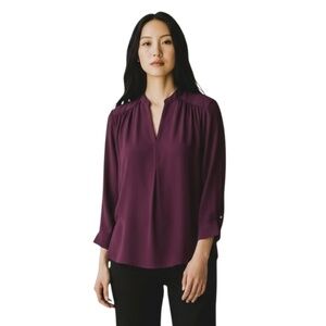 PerSeption Concept Stylish Burgundy V-neck Zipper 3/4 Sleeves Top